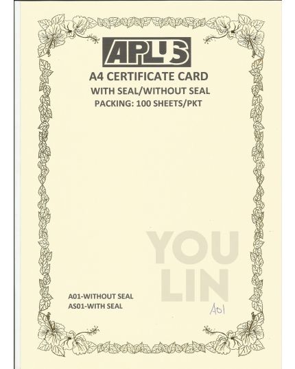 APLUS A4 160GM CERTIFICATE CARD 100'S/PKT - A01