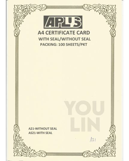 APLUS A4 160GM CERTIFICATE CARD 100'S/PKT - A21