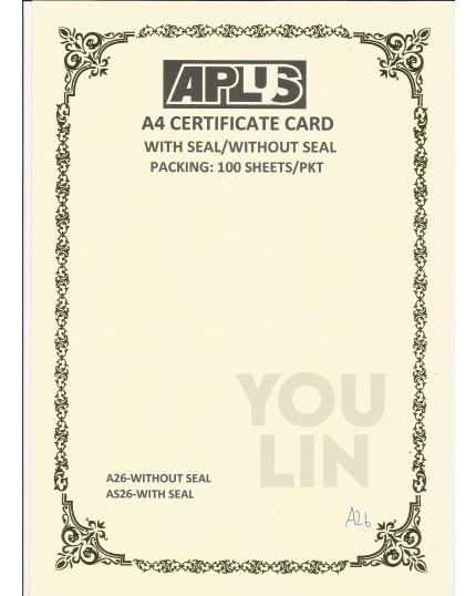 APLUS A4 160GM CERTIFICATE CARD 100'S/PKT - A26