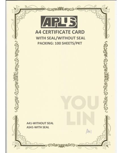 APLUS A4 160GM CERTIFICATE CARD 100'S/PKT - A41