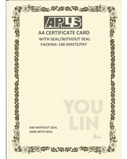 APLUS A4 160GM CERTIFICATE CARD 100'S/PKT - A46