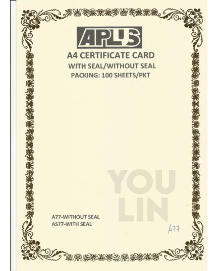 APLUS A4 160GM CERTIFICATE CARD 100'S/PKT - A77