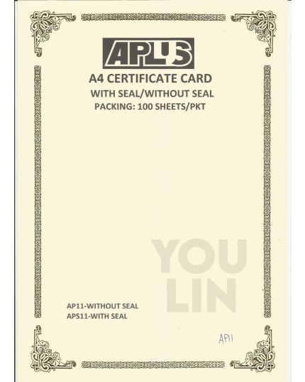APLUS A4 160GM CERTIFICATE CARD 100'S/PKT - AP11