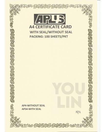 APLUS A4 160GM CERTIFICATE CARD 100'S/PKT - AP4