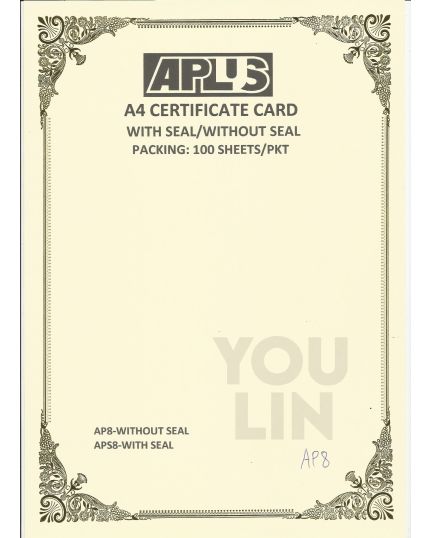 APLUS A4 160GM CERTIFICATE CARD 100'S/PKT - AP8