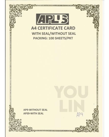 APLUS A4 160GM CERTIFICATE CARD 100'S/PKT - AP9