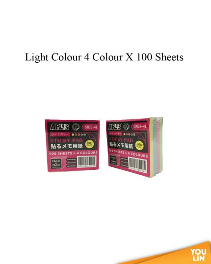 APLUS SN33-4L Stick On Note Cube - Light Colour (100'S X 4Col)