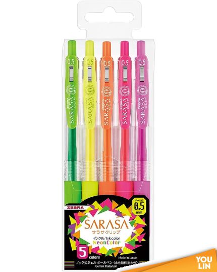 Zebra JJ15-5C-NO Sarasa Clip 0.5MM Gel Pen - Neon Color