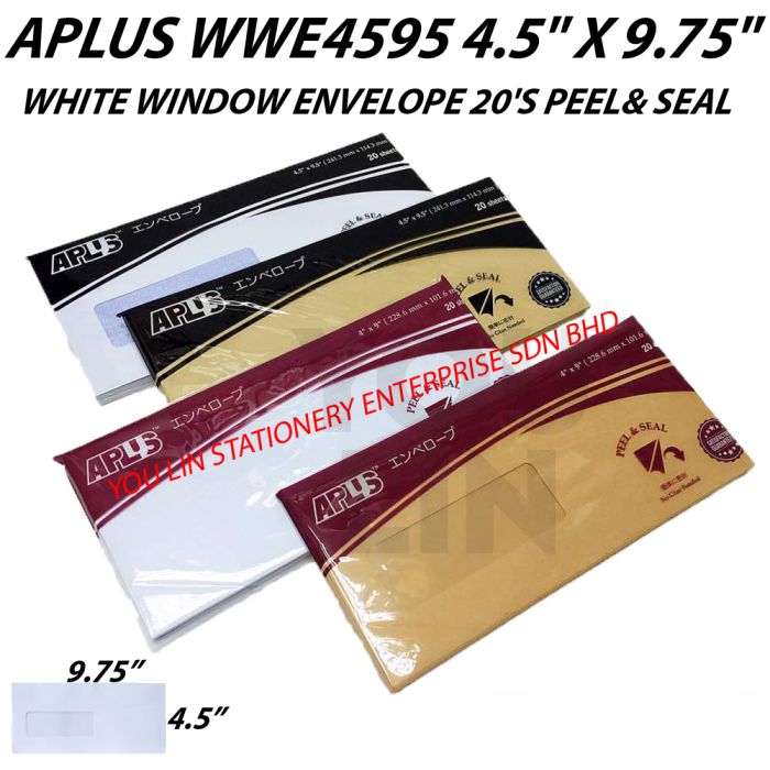 APLUS WWE4595 4.5" X 9.75" White Window Envelope 20'S (P&S)