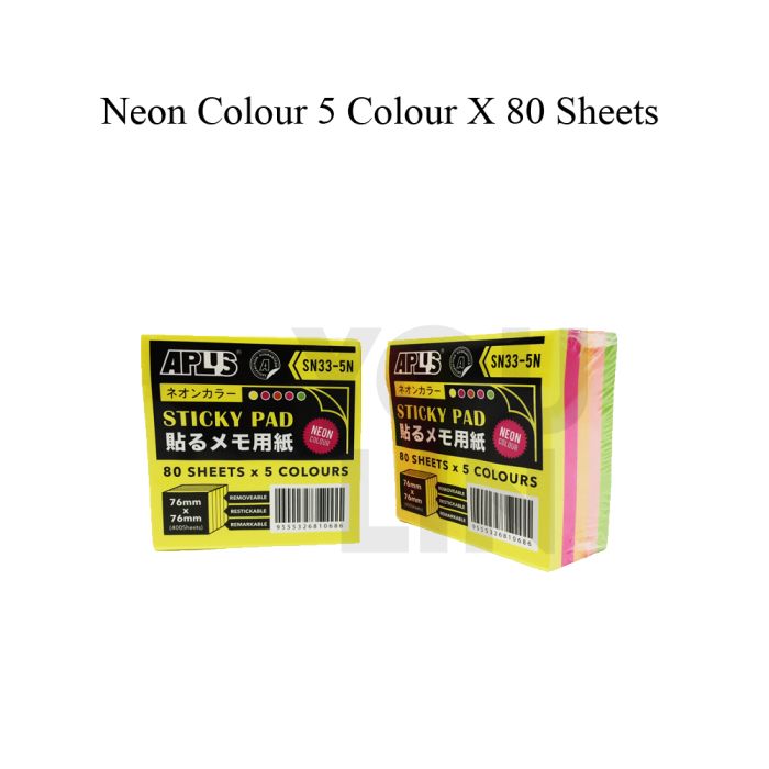 APLUS SN33-5N Stick On Note Cube - Neon Colour (80'S X 5Col)