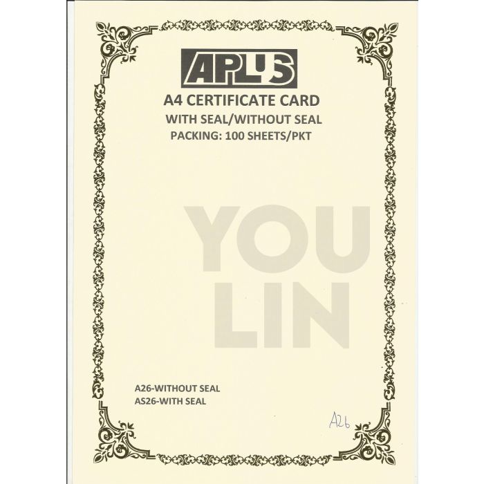 APLUS A4 160GM CERTIFICATE CARD 100'S/PKT - A26