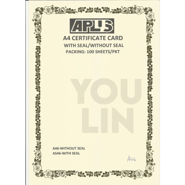 APLUS A4 160GM CERTIFICATE CARD 100'S/PKT - A46