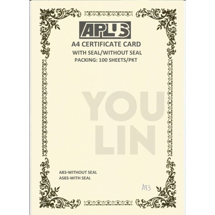 APLUS A4 160GM CERTIFICATE CARD 100'S/PKT - A83