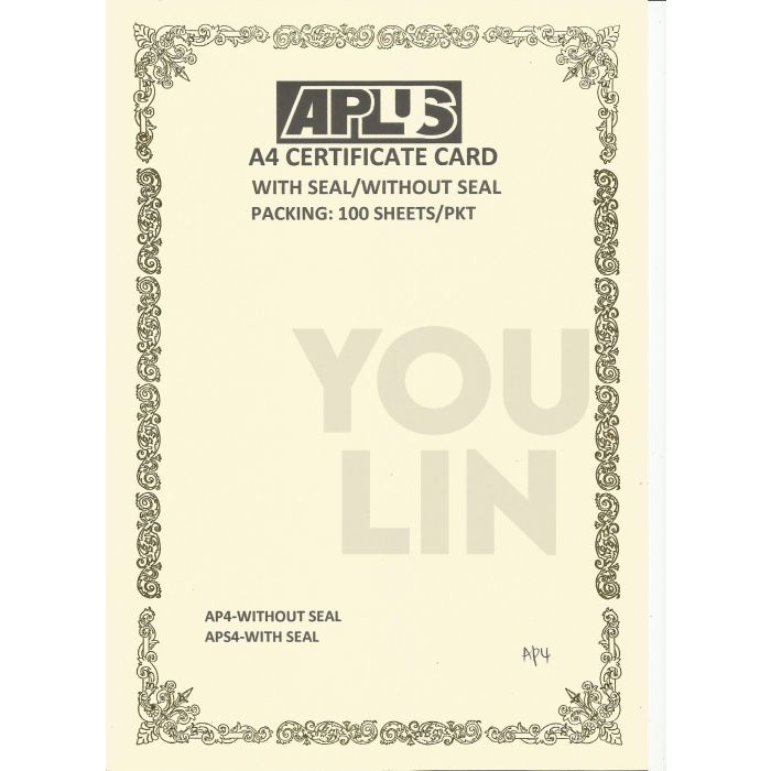 APLUS A4 160GM CERTIFICATE CARD 100'S/PKT - AP4