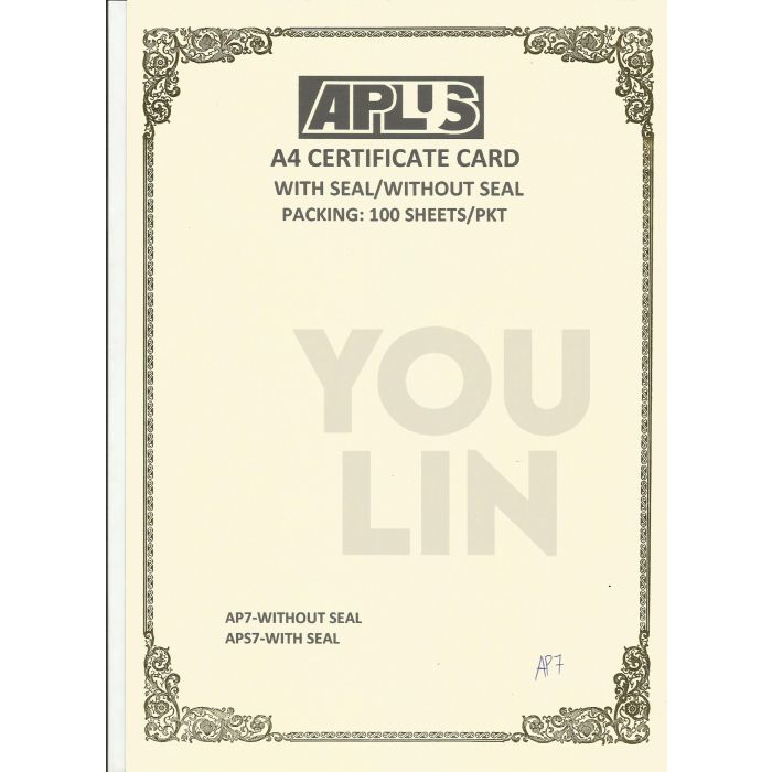 APLUS A4 160GM CERTIFICATE CARD 100'S/PKT - AP7