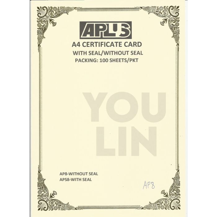 APLUS A4 160GM CERTIFICATE CARD 100'S/PKT - AP8