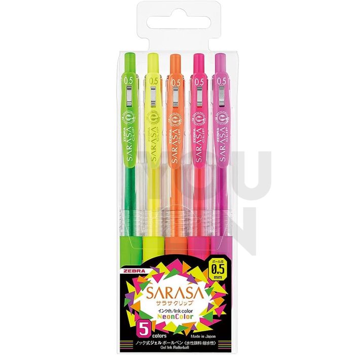 Zebra JJ15-5C-NO Sarasa Clip 0.5MM Gel Pen - Neon Color