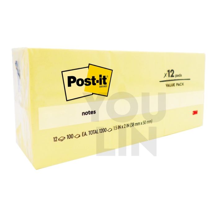 3M Post It Note 653 1.5'' x 2'' (38mm x 50mm) - Canary Yellow 100's/pad